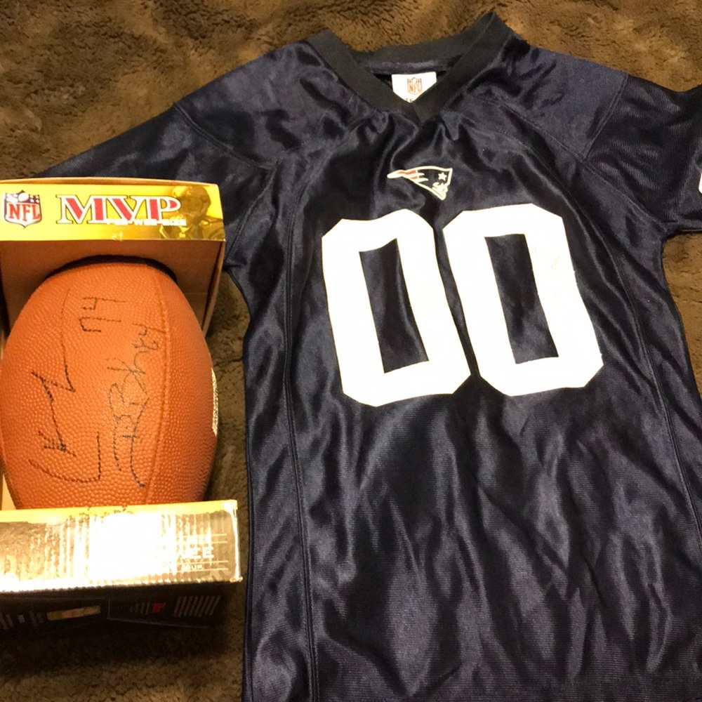 #84 and #74 signed jersey and ball (patriots)